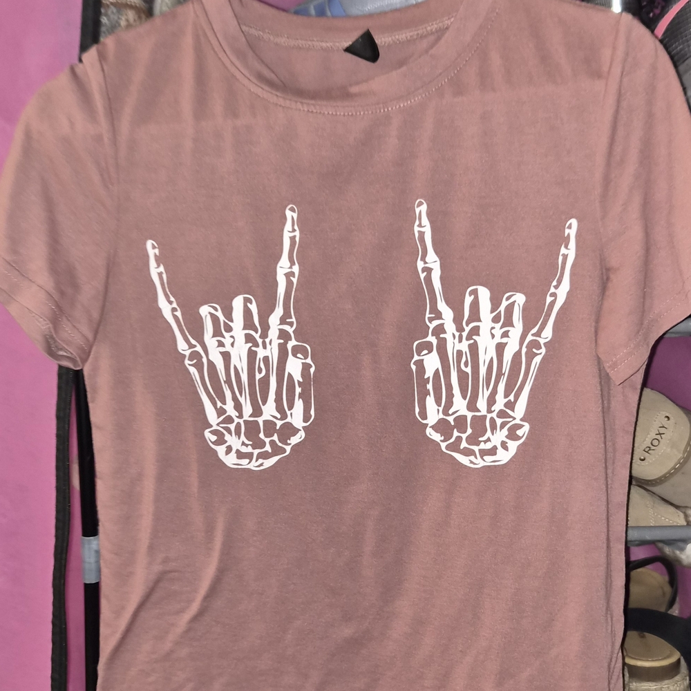 Pink T-Shirt with Skeleton Hand Design